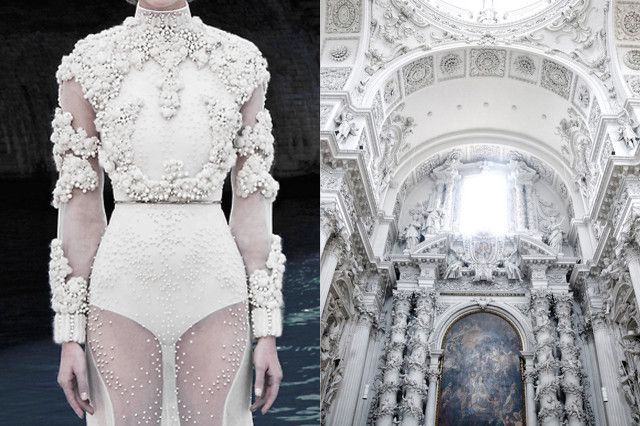 the image is a split image. on the left is a woman wearing a white dress with pearl beading and lace. the dress is very ornate and detailed. the woman is standing in front of a dark background. on the right is a white church interior. the ceiling is very high and ornate. the walls are covered in sculptures and columns. there is a window in the ceiling that lets in light. the image is a beautiful example of both fashion and architecture.