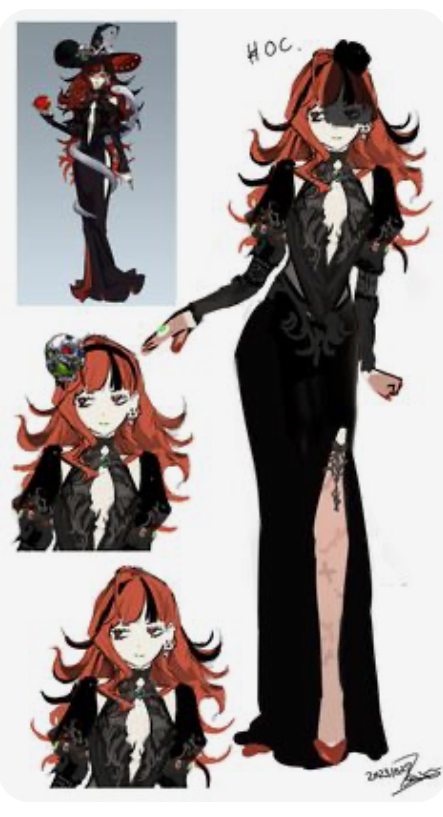the image shows a concept art or character design of an animestyle female character.  there are multiple depictions of the character, showcasing different angles and levels of detail. the main character design features a woman with long, vibrant red hair, wearing a long, elegant black gothicstyle dress with lace detailing. she has a mysterious and slightly spooky appearance, with some designs suggesting a witchlike persona. other sketches show variations of the character's face and hairstyle.  the art style is reminiscent of concept art for video games or animation.