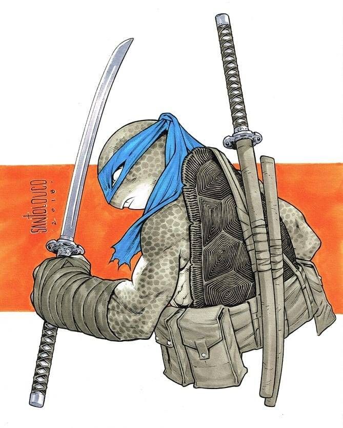 a detailed illustration of leonardo from the teenage mutant ninja turtles, featuring a blue bandana, detailed shell, and two katanas. he is standing in a combat pose, with one katana held horizontally in front of him and the other sheathed on his back. the illustration has a stylized and dynamic feel.