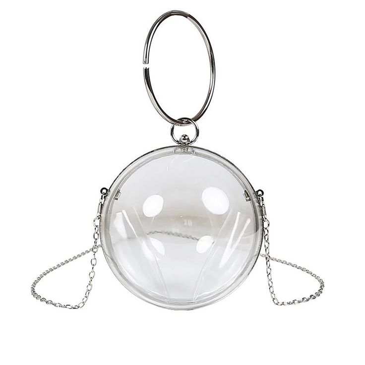 a clear, round purse with a metal handle and chain strap is displayed against a white background.