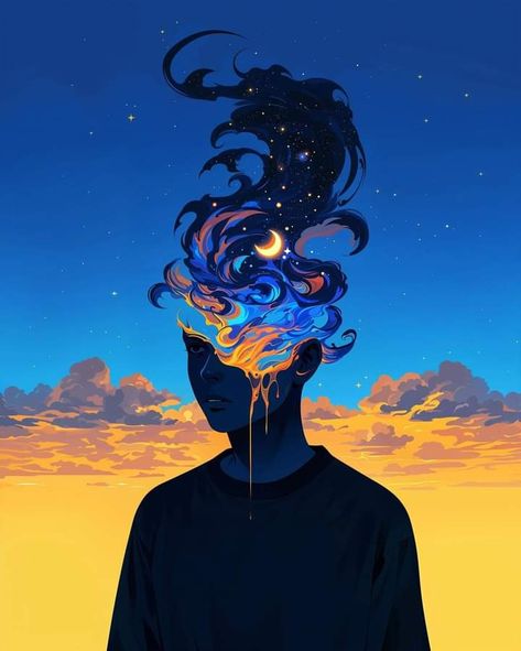 a person stands against a sunset backdrop. instead of hair, their head is filled with a vibrant, swirling galaxy, complete with stars and a crescent moon. the cosmic imagery spills down the side of their face, creating a sense of awe and wonder.