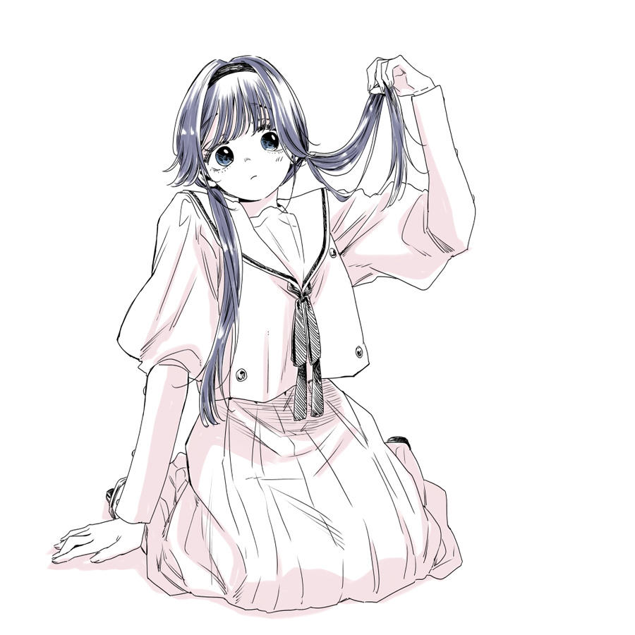 the image is a drawing of an animestyle schoolgirl. she is sitting on the floor, her long dark hair partially pulled up and held in her right hand. she wears a white sailorstyle uniform, and has a soft, gentle expression. the drawing style is simple, using light and pastel colors with a loose, sketchy feel. the overall impression is cute and pretty.