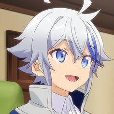 a head and shoulder closeup of an anime boy with spiky white hair and a streak of blue. he has big, blue eyes and is smiling happily. the background is a soft yellowgreen and brown, suggesting a home environment.