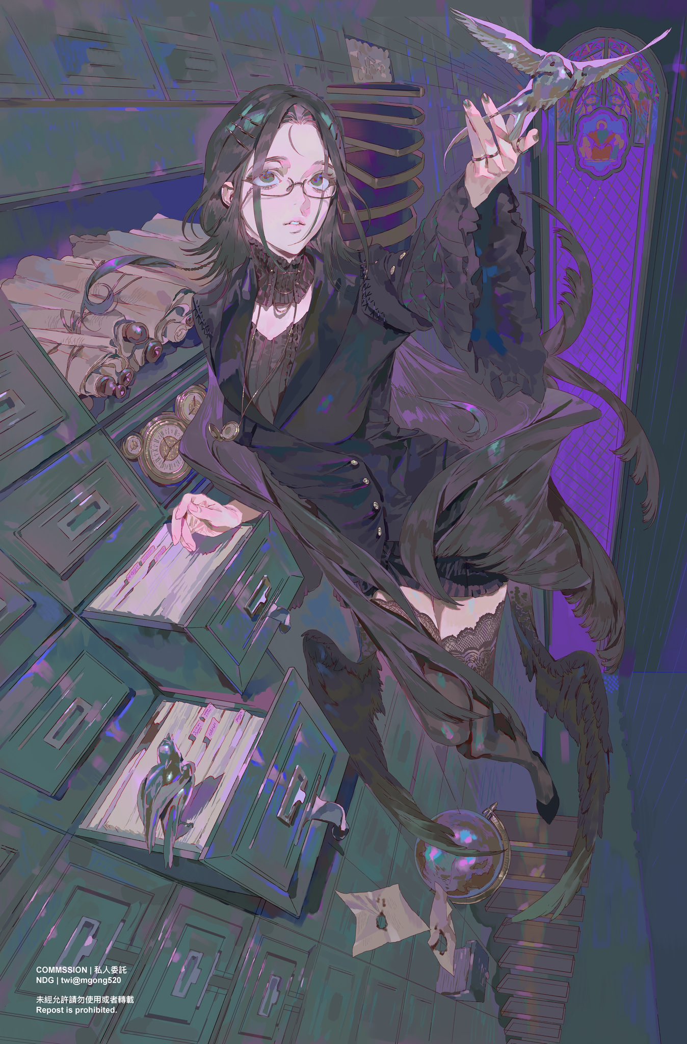 an illustration depicts a woman with dark hair and glasses, wearing dark clothing with lace details, standing amidst a surreal setting of filing cabinets with open drawers revealing scrolls, clocks, globes, and papers. she holds a bird in her hand, and wears gloves, hats and jewelry. the color scheme features shades of purple and blue, creating a fantasy, gothic, victorian atmosphere. the word "commission" is displayed, and it's a commission work.