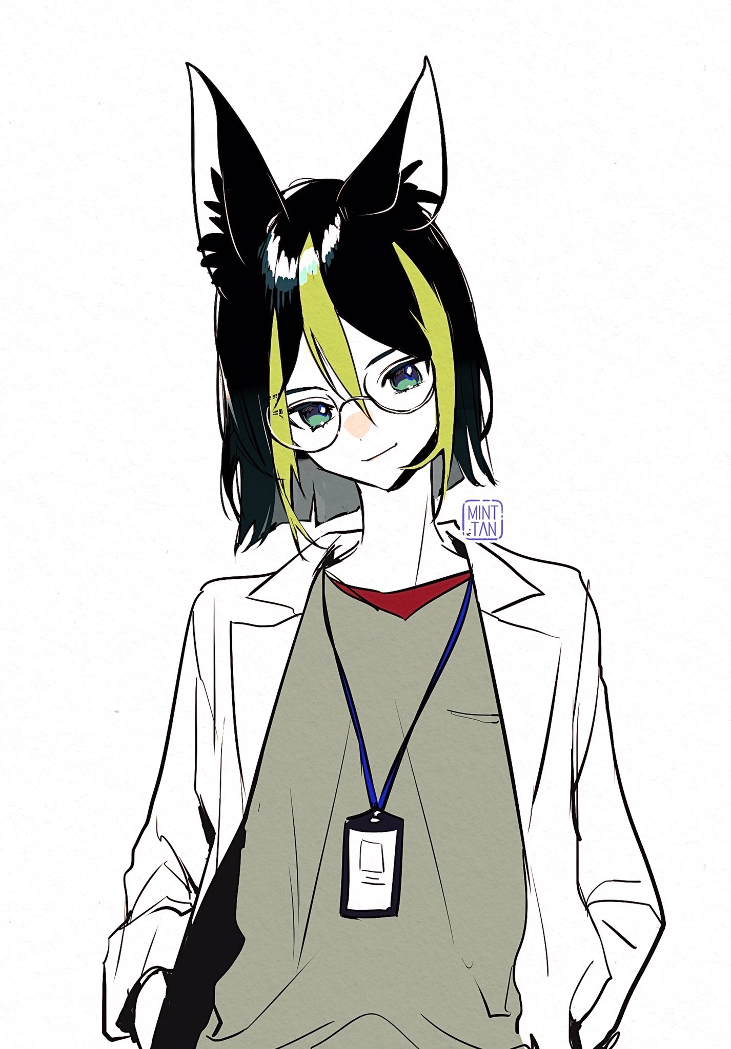 a drawing of an anime girl wearing a lab coat, with cat ears and glasses, holding an id card. she has black hair with yellow highlights. the background is white.