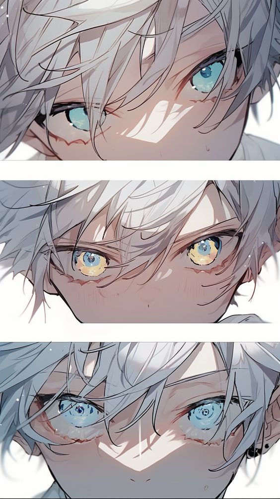 the image is a vertically stacked triptych featuring the same animestyle male character with slight variations. the focus is on his face, specifically his piercing blue eyes that seem to glow with an otherworldly light. his white hair frames his face, and faint scars are visible under his eyes, adding to his enigmatic allure. the background is minimal, emphasizing the subject and contributing to the overall ethereal atmosphere.