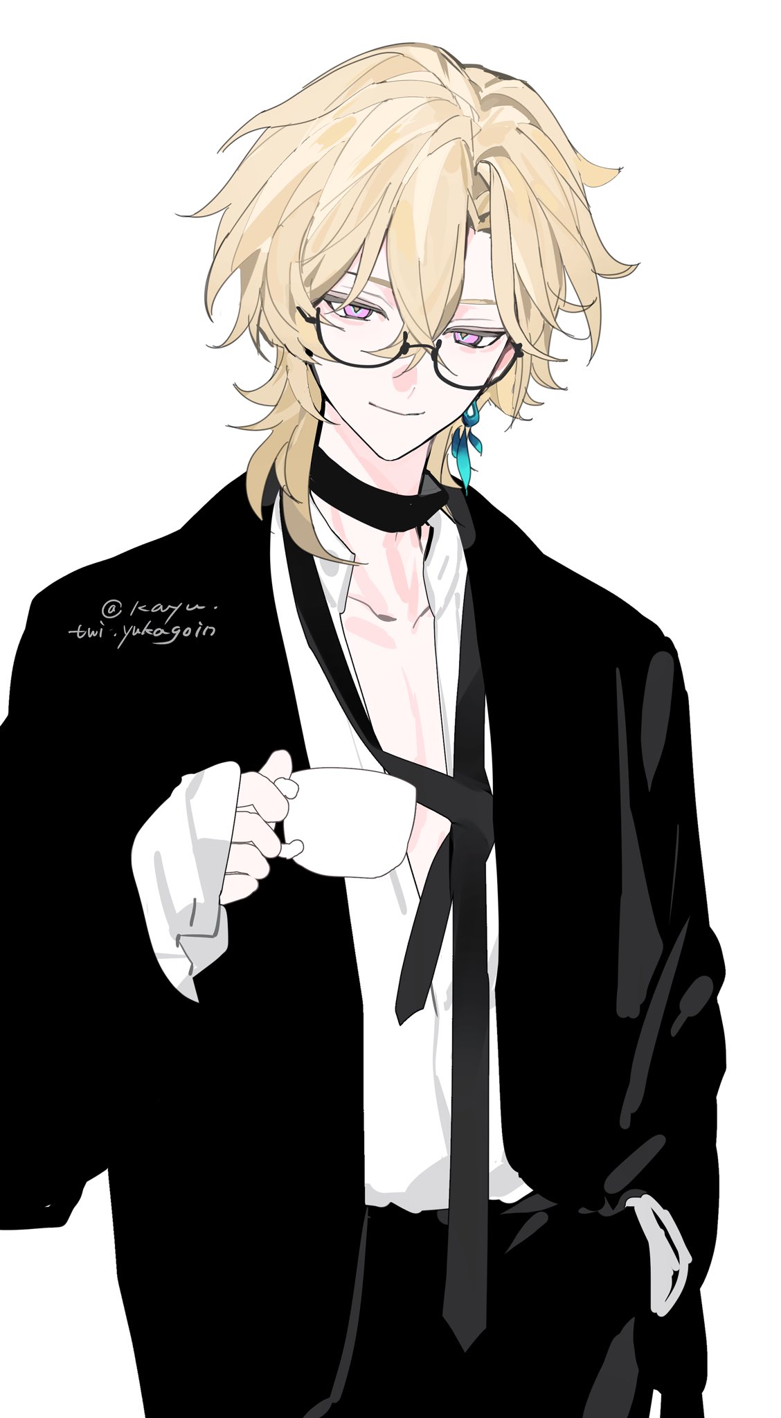the image shows a drawing of an animestyled young man with blond hair and glasses. he is wearing a black suit, white shirt, and a black tie. he is holding a small teacup or coffee cup. he has a calm and somewhat elegant expression. the style is clean and polished, with soft shading and attention to detail in the clothing and hair. the background is plain white.
