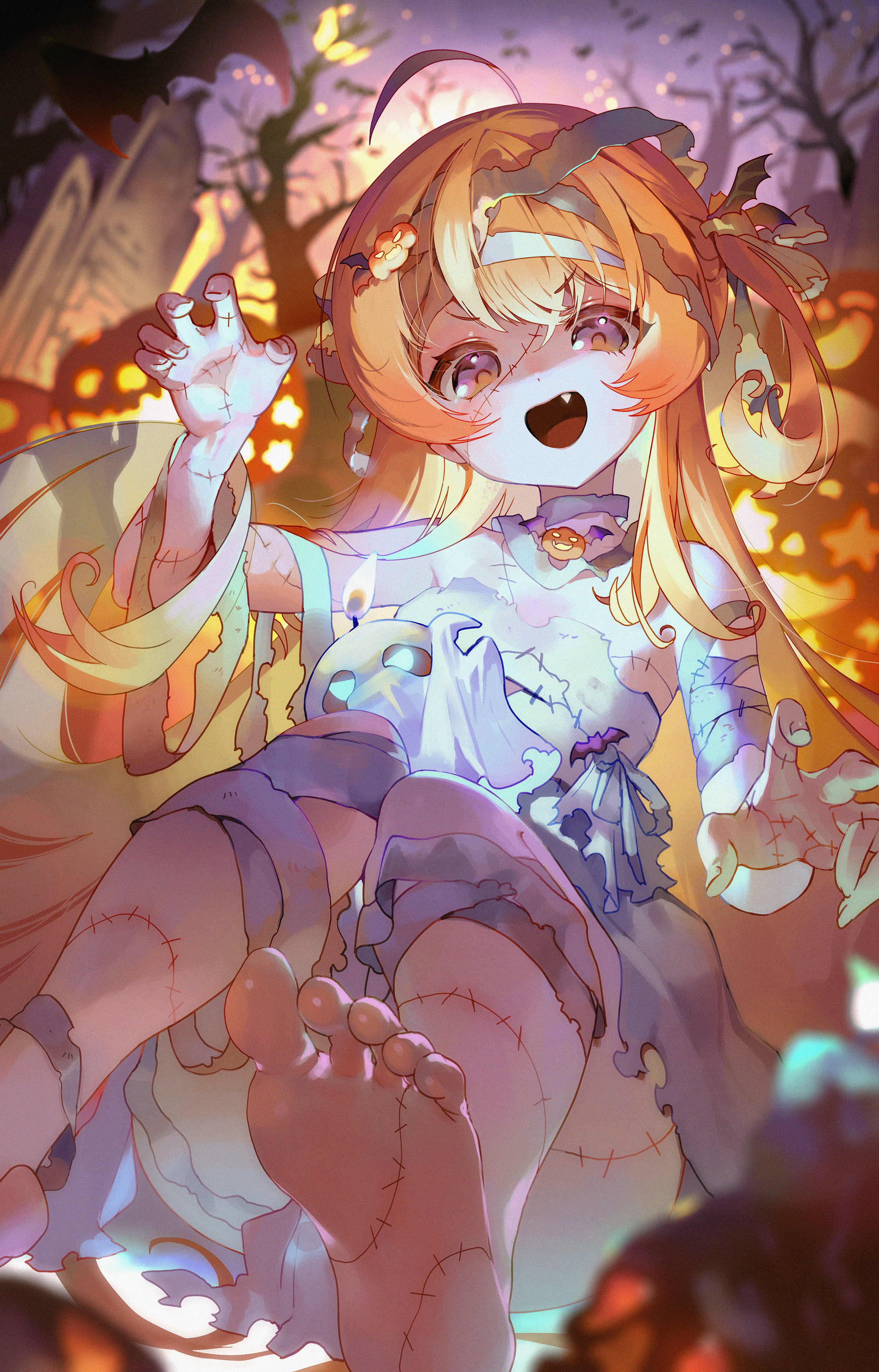 the image is a digital illustration of a cute anime girl dressed in a halloween costume. she appears to be a zombie or stitchedtogether creature, with visible stitches on her body and bandages on her head. her long orange hair is styled with small bat hair clips, and she wears a pale purple dress. she is smiling and playfully holding her hands up, as if she's ready to trick or treat. the background depicts a spooky halloween setting with pumpkins, bats, and a graveyard at night. the overall style is vibrant and playful, contrasting the spooky elements to create a charming and whimsical image.