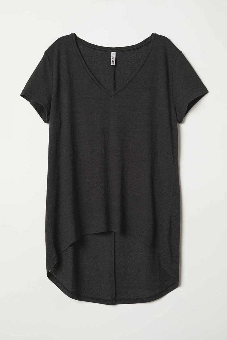 a charcoal gray vneck tshirt with short sleeves and a highlow hem is displayed on a white background.