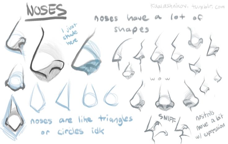 a drawing tutorial on how to draw noses in different shapes, with annotations explaining the shapes and shading.