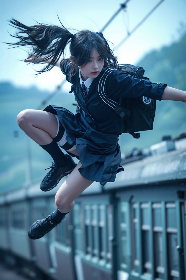 a young asian girl in a school uniform is captured midjump near a moving train. she wears a dark blue school uniform with a white collared shirt and tie underneath, a pleated skirt, and a black backpack. her hair is styled in high pigtails, adding to the dynamic pose. she has on dark socks with white stripes near the top and black sneakers. the train is painted in a muted teal color with visible windows. in the background, power lines stretch across the sky. the lighting is soft, creating a slightly dreamy atmosphere.