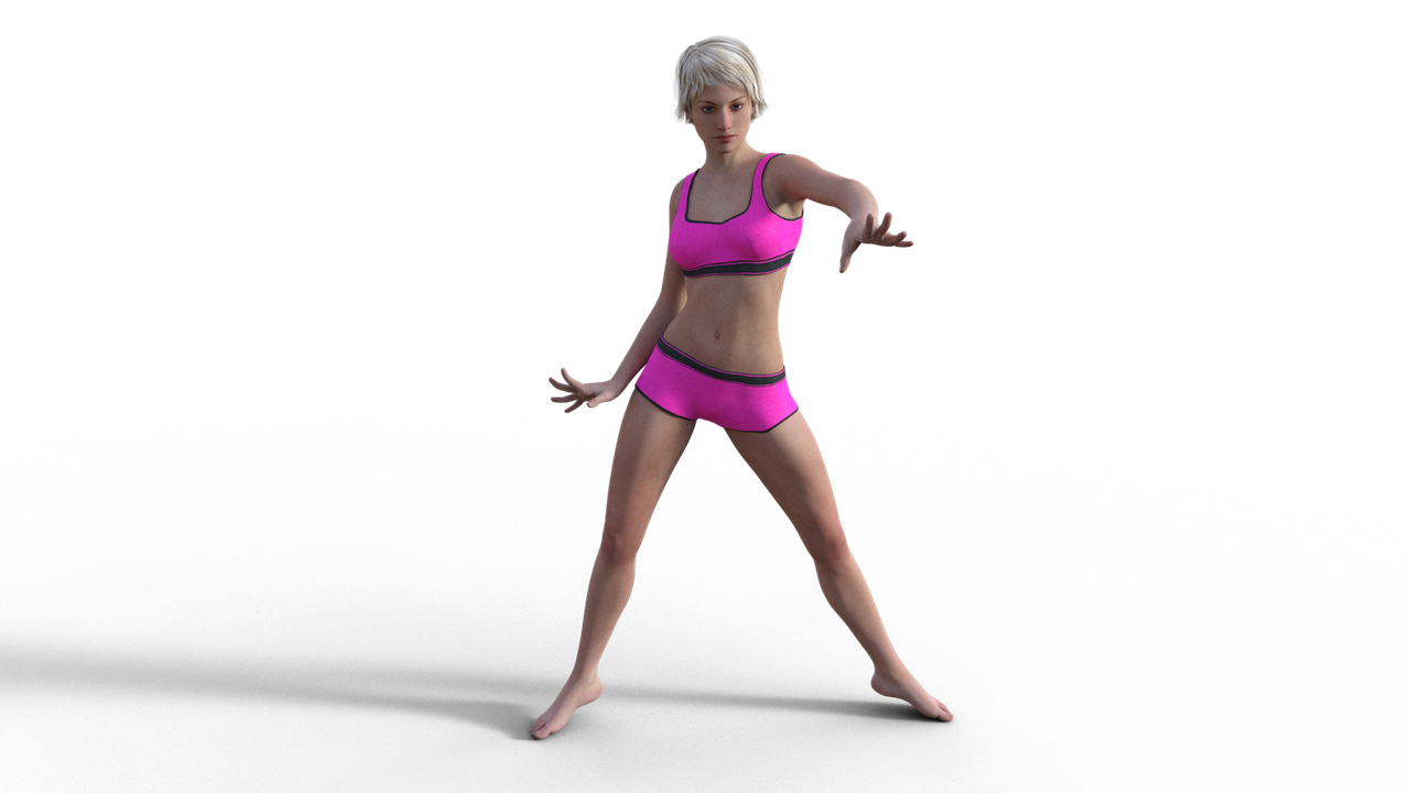 a woman with short blond hair is standing in a wide stance, wearing pink sportswear consisting of a sports bra and shorts. she is barefoot, and her arms are extended with her hands open in a dancing or martial artslike pose. the background is black.