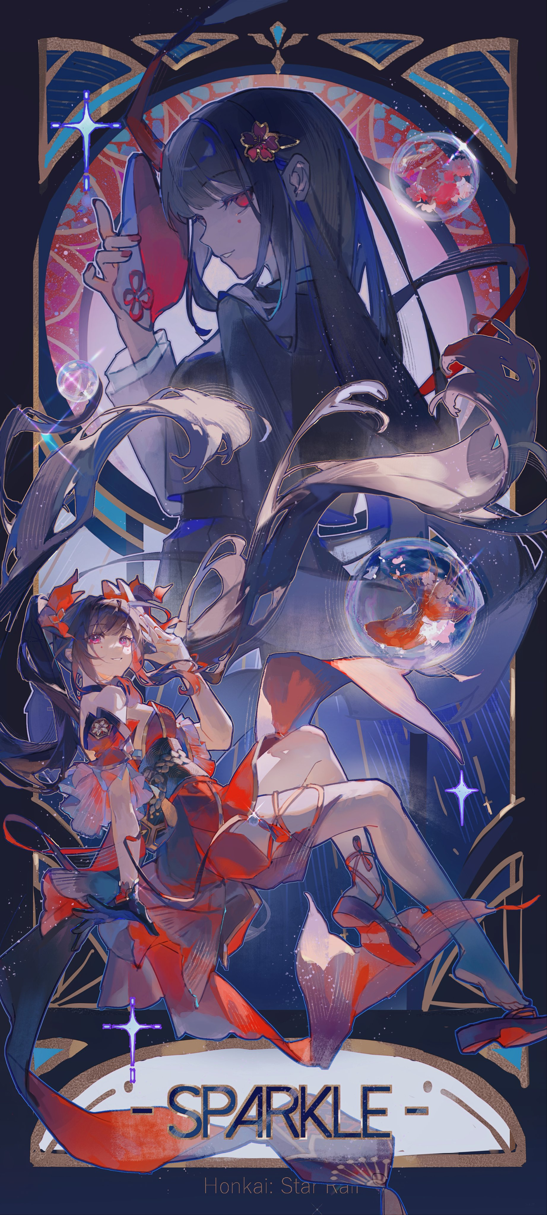 the image is an artwork of two characters from genshin impact: raiden shogun and yae miko. they are wearing their signature outfits. raiden shogun is in a black and white outfit, and she's standing with her arms crossed. yae miko is in a red and white outfit, and she's lying down. the background is a stainedglass style window with intricate designs. the overall color scheme is dark blue and purple. the word "sparkle" is written at the bottom of the image.