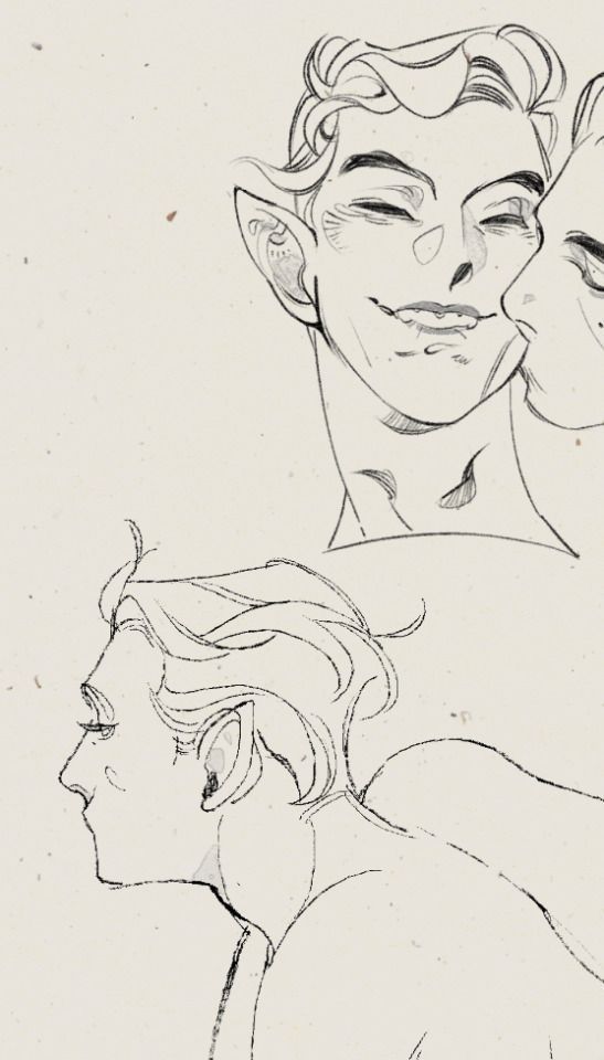 the image contains two sketches of what appear to be elven individuals. the top sketch shows two individuals, one in a more frontal view with pointed ears and styled hair, their eyes closed in apparent contentment, the other, partially visible, seemingly whispering or nuzzling into the other's neck. the bottom sketch is a side profile of a similar character with pointed ears. both sketches are done in pencil or a similar medium, creating a grayscale effect with visible lines and shading. the style is light and fluid, indicative of a quick sketch rather than a fully rendered drawing. the background is a light beige or offwhite color, with visible texture suggestive of paper.  the overall mood conveyed is one of intimacy and affection.
