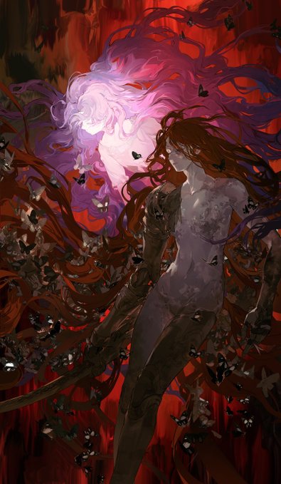 this digital illustration depicts a fantastical scene with two female characters. one is a spectral being with flowing purple hair, outlined in white and glowing, who is fading into the dark red background. the other is a more realistic figure, with long dark hair and a dark, flowing outfit, emerging from the red background. the two characters are connected by swirling, flowing lines and shapes, suggesting a relationship between them. the image is filled with intricate patterns and details, creating a dynamic and mysterious atmosphere. the overall tone of the image is dark and dramatic, with a hint of the eerie and sinister. the characters and their surroundings suggest a magical or otherworldly realm.