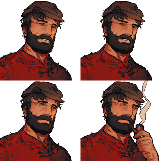 the image shows four variations of a digital painting or illustration of a man. he has a brown cap, a full beard, and is wearing a red, highcollared shirt reminiscent of asianinspired clothing.  three of the images depict the man with slightly different expressions – seeming calm and contemplative. the fourth image shows him smoking a pipe. the background is uniformly black, providing a stark contrast to the figure. the style suggests artwork from a graphic novel, video game, or similar medium.  the multiple portraits might suggest different stages of animation or a selection of expressions for a character.