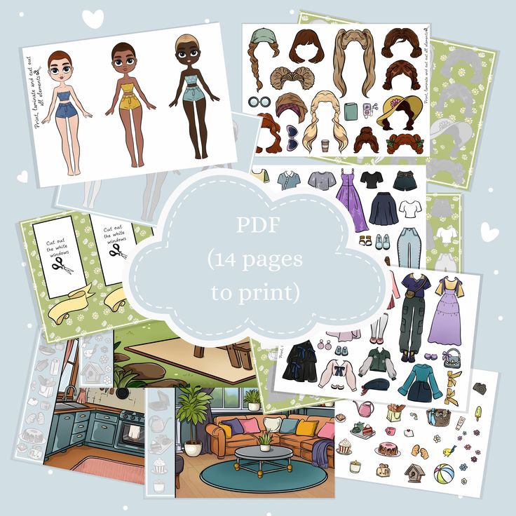 the image displays a collection of printable paper dolls and their accompanying accessories. the collection includes doll figures with varying skin tones and hairstyles, along with a wide array of clothing options, accessories, and wigs. also featured are printable interior scenes, including a kitchen and living room setting with furniture, allowing for imaginative play and customization. the image promotes a pdf containing 14 pages of printable elements for creating paper doll scenes.