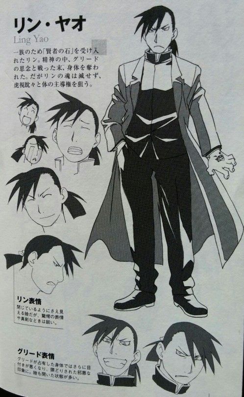 the image is a character illustration from the anime and manga fullmetal alchemist. the character is ling yao, a young man with black hair and eyes. he is depicted in a suit and cloak. several facial expressions are presented to show his range of emotions, including a smile, a serious expression, anger, fear, and sadness.