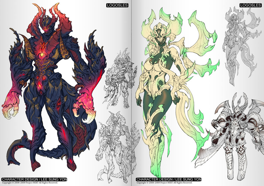 this is a character design sheet for a game or movie. it features a demonic character on the left page and an angelic character on the right. the characters are shown in full color and in black and white sketches. the pages also include the name of the artist and the copyright information.