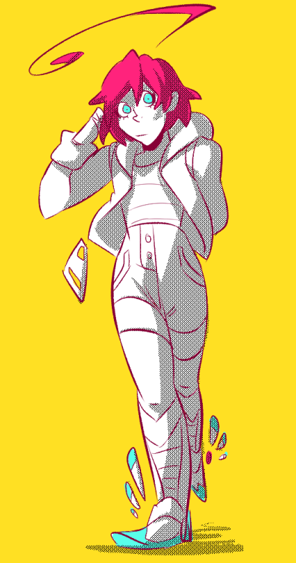 a digital drawing of an anime styled girl with pink hair and blue eyes. she is wearing a white shirt and jacket with black pants and blue shoes. she has a yellow halo over her head and a yellow background. the style of the art is playful and cartoony.