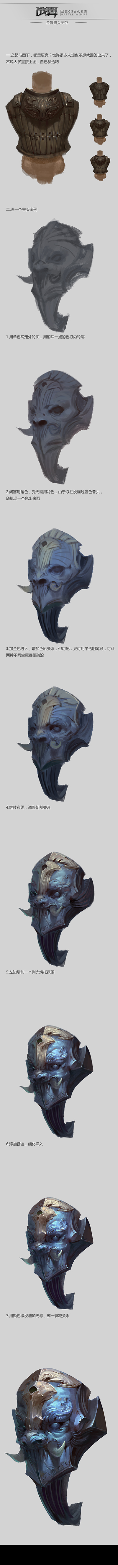the image showcases a vertical character design sheet for a fantasy warrior or knight. the focus is on the evolution of the character's helmet design.  it starts with a basic shape at the top and gradually becomes more detailed and intricate as we move down. the palette is dark and muted, hinting at a gritty and realistic style.  the soft lighting subtly emphasizes the form and texture of the helmet.