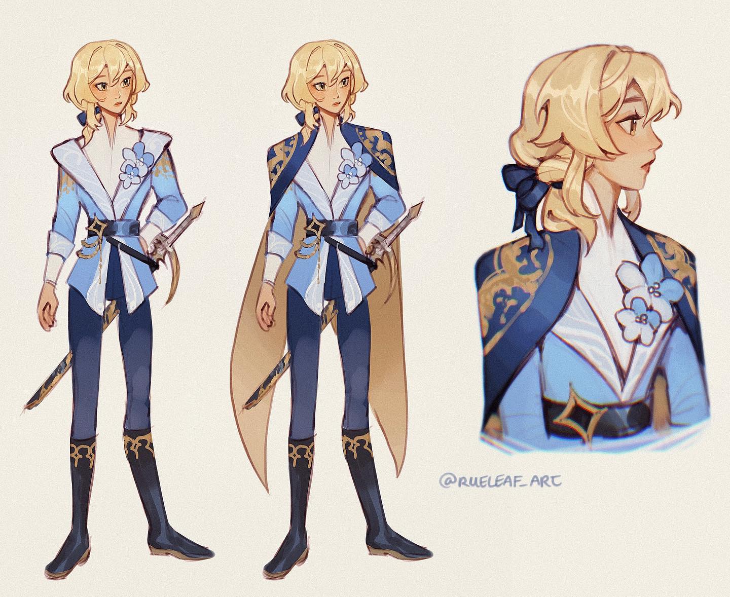 he image showcases a character design concept featuring a young woman with blond hair styled in a loose bun. she's depicted in three views: a fullbody front view twice, slightly varied in pose, and a closeup of the upper body and shoulders featuring intricate details.  the character wears an elegant, light blue and gold outfit with a flowing cape and is armed with a sword. her attire incorporates ornate detailing and seems inspired by fantasy or anime/manga aesthetics. the art style is digital and highly polished, with soft shading and a delicate color palette. the style is reminiscent of character designs seen in games like genshin impact.