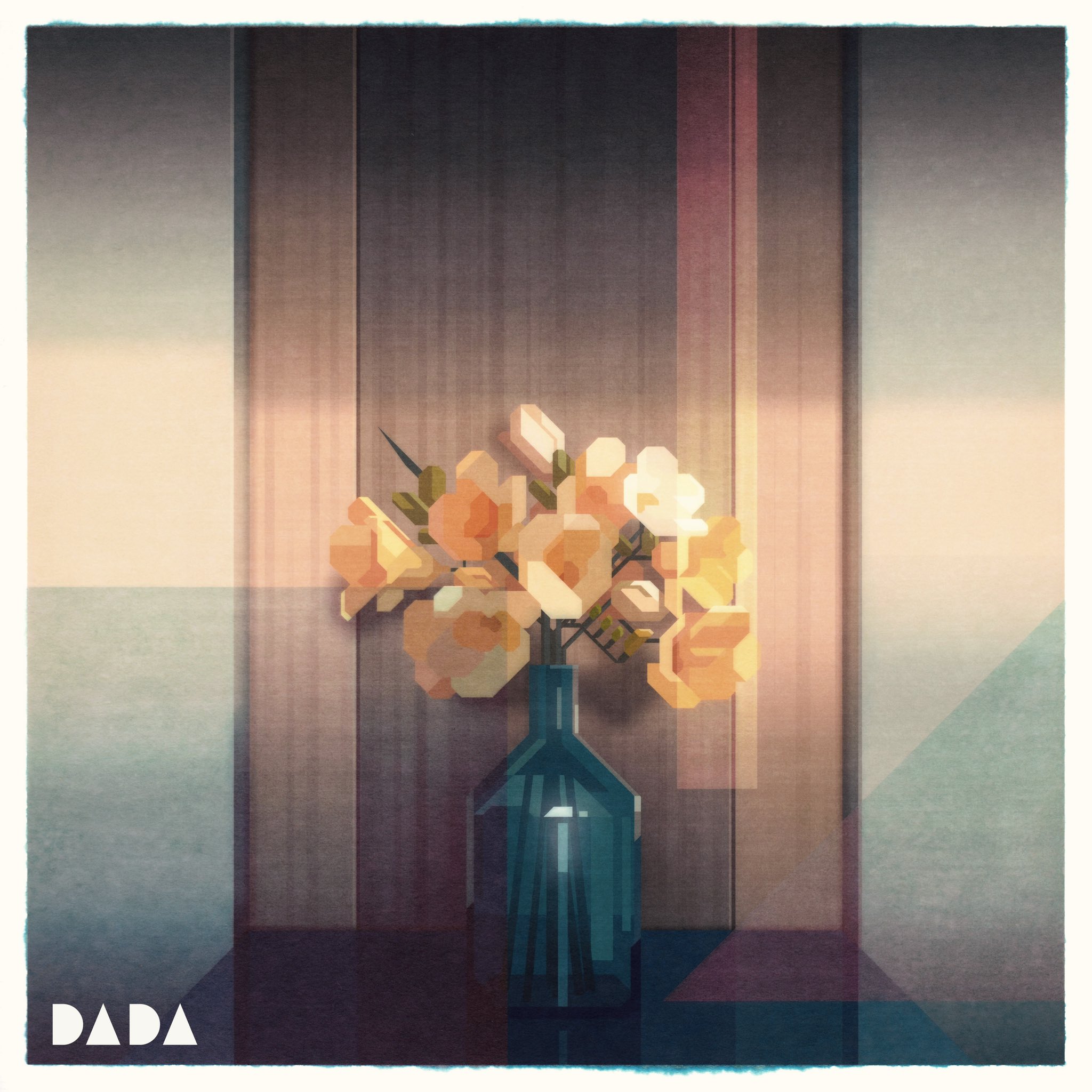 the image is a painting of a still life featuring a bouquet of orange flowers in a blue vase. the artwork has a geometric and somewhat abstract style. the background is composed of vertical panels with varying shades of brown and pink. the word "dada" is printed in white in the lower left corner of the image.