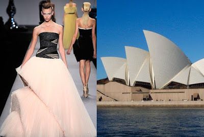 the image is a split image. on the left side is a fashion model on the runway wearing a white tulle skirt and a black bodice. on the right side is the sydney opera house. the model is in the foreground and the opera house is in the background. the model is standing in front of a white backdrop and the opera house is in front of a blue sky. the model is wearing a white tulle skirt with a black bodice. the opera house is white and modern in design. the image is taken at a fashion show.