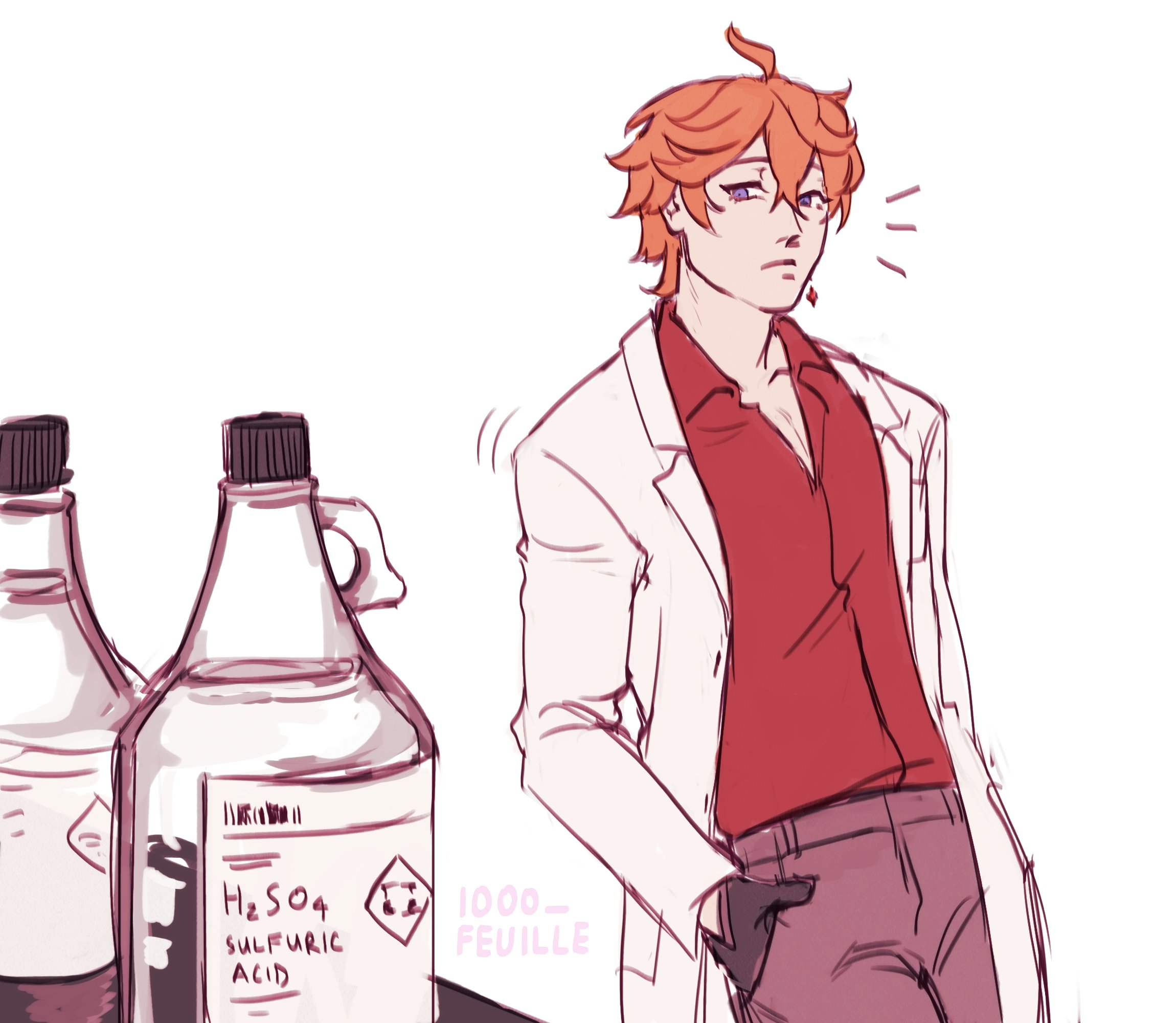 the image features an animestyle drawing of a young man, likely in his late teens or early twenties. he's dressed in a lab coat, but the coat is open, revealing a red shirt and black pants underneath. his red hair is styled in a messy, slightly tousled way. his eyes are a vibrant blue, and he has a somewhat serious expression on his face. the man is standing in a relaxed pose, one hand in his pocket, with his weight resting slightly on his left leg. in the background, two bottles of sulfuric acid are visible.
