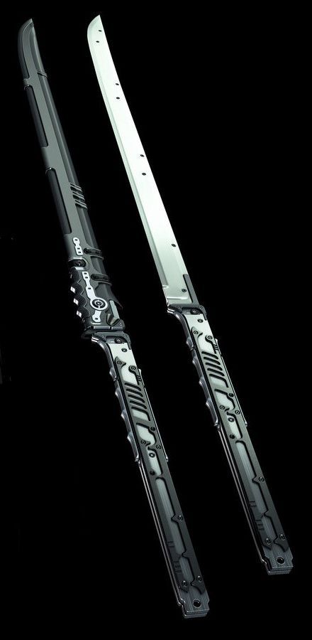 the image shows two futuristic swords with katanastyle blades. the sword on the left is dark gray with intricate mechanical detailing on the handle and scabbard. the sword on the right has a silver blade with a simpler, more streamlined design. both swords have a sleek, hightech aesthetic, suggestive of cyberpunk or science fiction themes. the background is black, highlighting the metallic and detailed appearance of the weapons.
