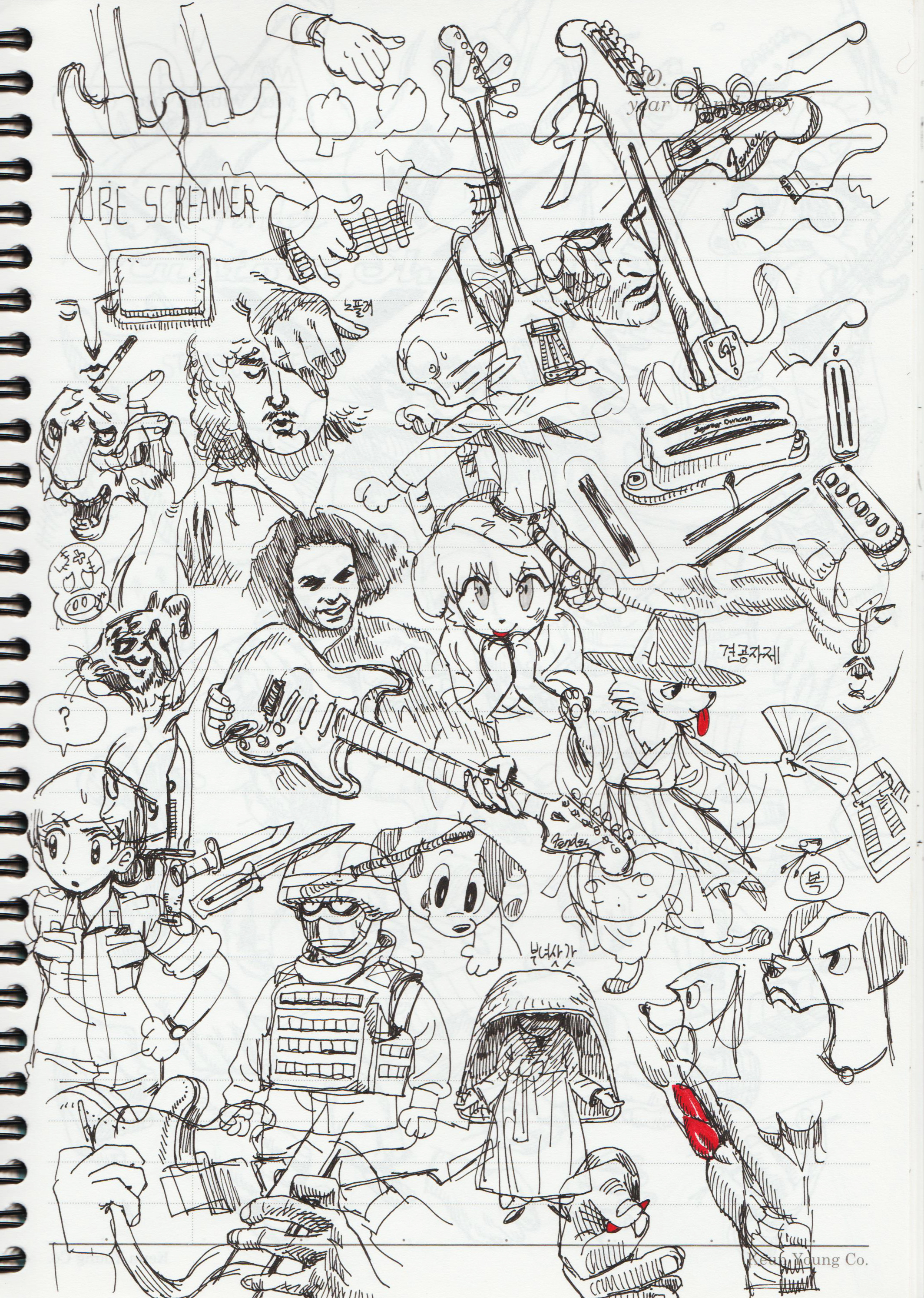 this is a page from a notebook filled with handdrawn sketches, doodles, and illustrations. the theme of the page seems to be music, particularly rock and roll. there are drawings of guitars, musicians, and musical instruments. the style is loose and energetic, with a focus on capturing the excitement and energy of live music. the artist uses a combination of lines, dots, and shading to create a sense of depth and texture. the page is a testament to the power of art to express emotions and ideas.