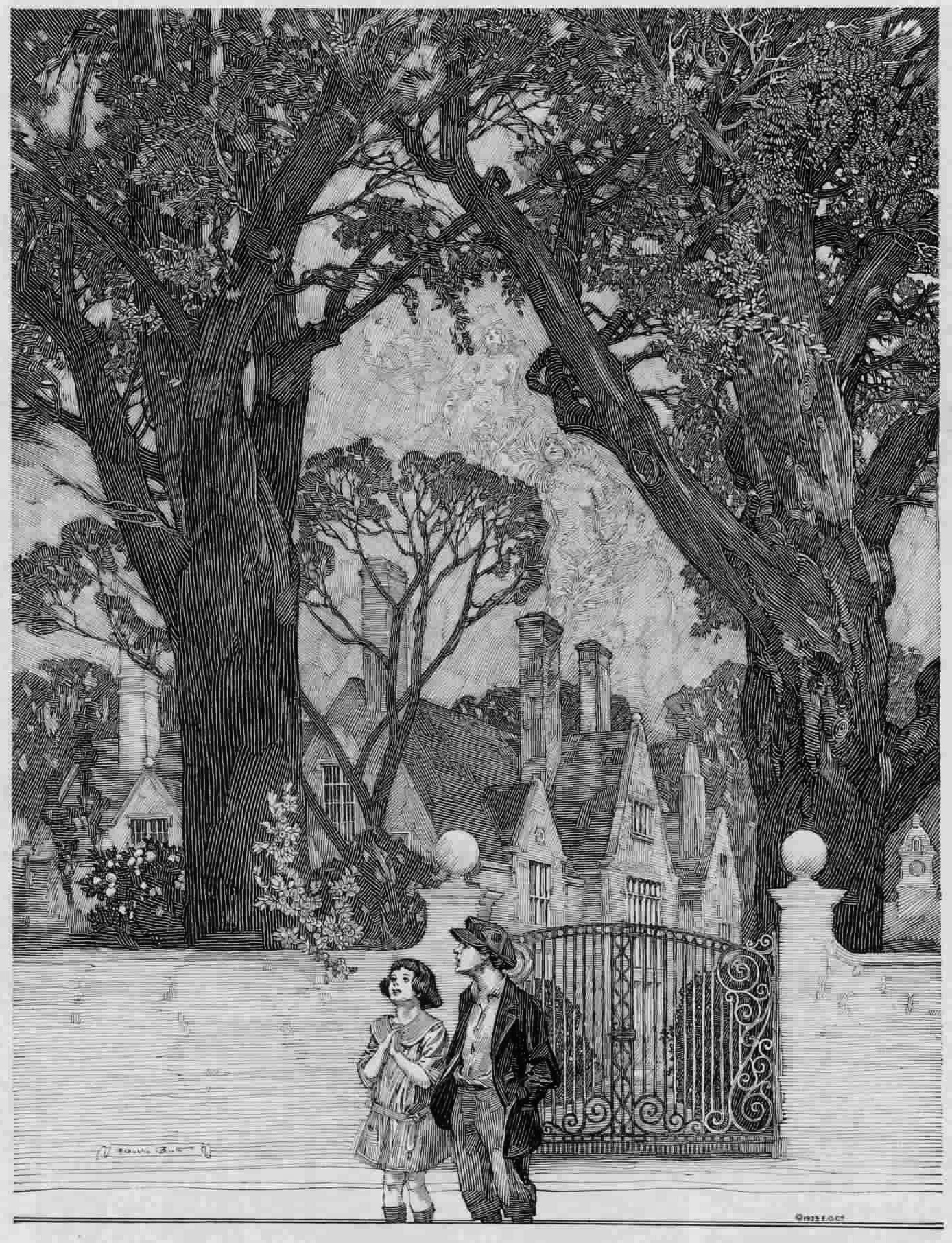 a black and white illustration depicting two children, a boy and a girl, standing before a wrought iron gate leading to a grand house. the house is tudorstyle architecture with chimneys and multiple windows. it is nestled amongst large, leafy trees, which dominate the upper portion of the image. the children are dressed in period clothing that is consistent with the early to mid 20th century. the setting is peaceful and appears to be in a residential area, possibly a suburb or estate. the artwork has a refined, detailed style indicative of illustration styles common in the early 20th century.  the overall mood is serene and charming.