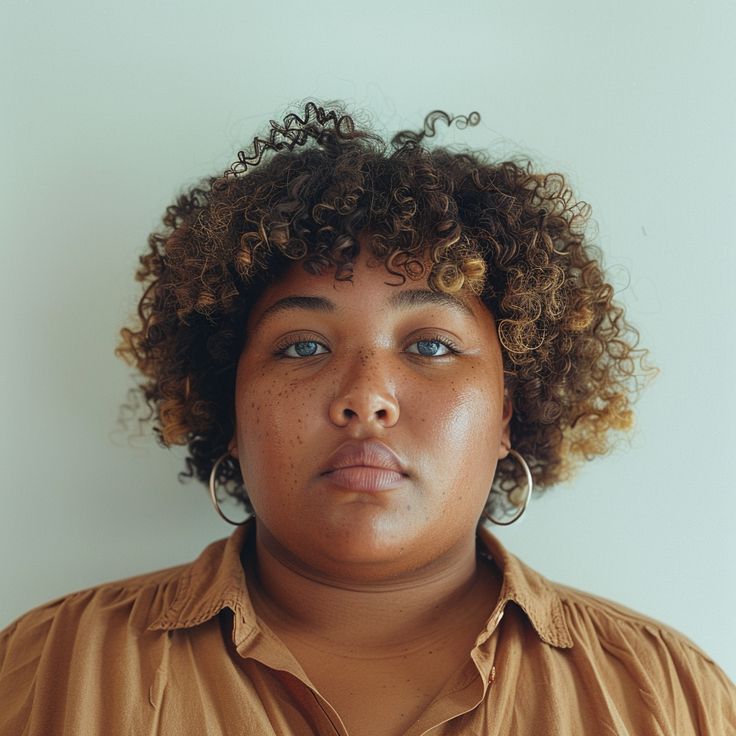 a closeup portrait of a woman with curly brown hair and light blue eyes. she has freckles on her face and is wearing silver hoop earrings and a brown buttondown shirt. she is looking directly at the camera. the background is a light solid color.
