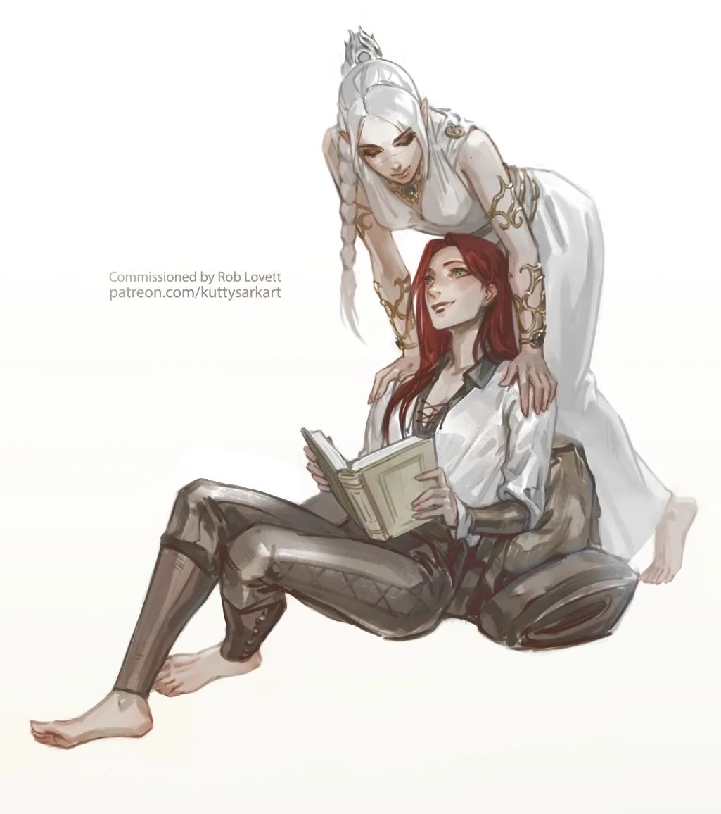 the image shows two women, one with long white hair and one with long red hair, in a loving embrace. the woman with red hair is sitting and reading a book while the woman with white hair leans over her, resting her hands on the other woman's shoulders. the woman with red hair is dressed in a white shirt and dark pants, while the woman with white hair is dressed in a white, flowing gown. the background is a simple white color, which draws attention to the two figures in the center.