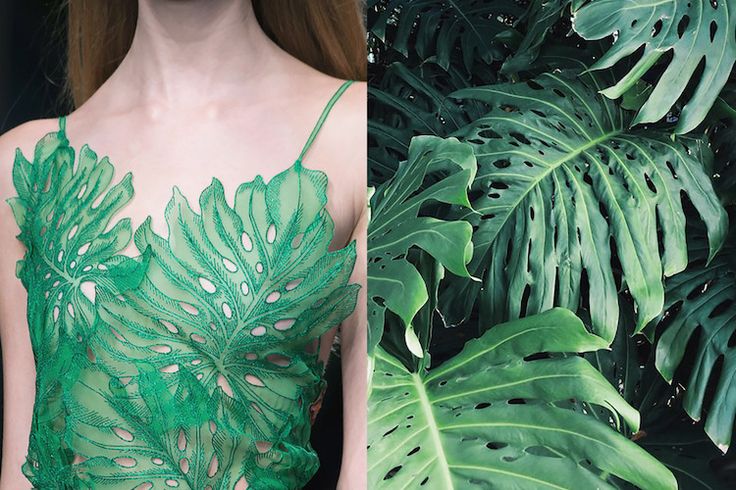 the image shows a woman wearing a green dress. the dress has a design of monstera leaves, which are intricately embroidered on the fabric. the leaves are a pale green color, and they are arranged in a pattern that is both organic and geometric. the dress is cut in a way that shows off the woman's figure, and it has a delicate and elegant look. on the right side of the image, there are real monstera leaves. they are arranged in a way that complements the design of the dress.