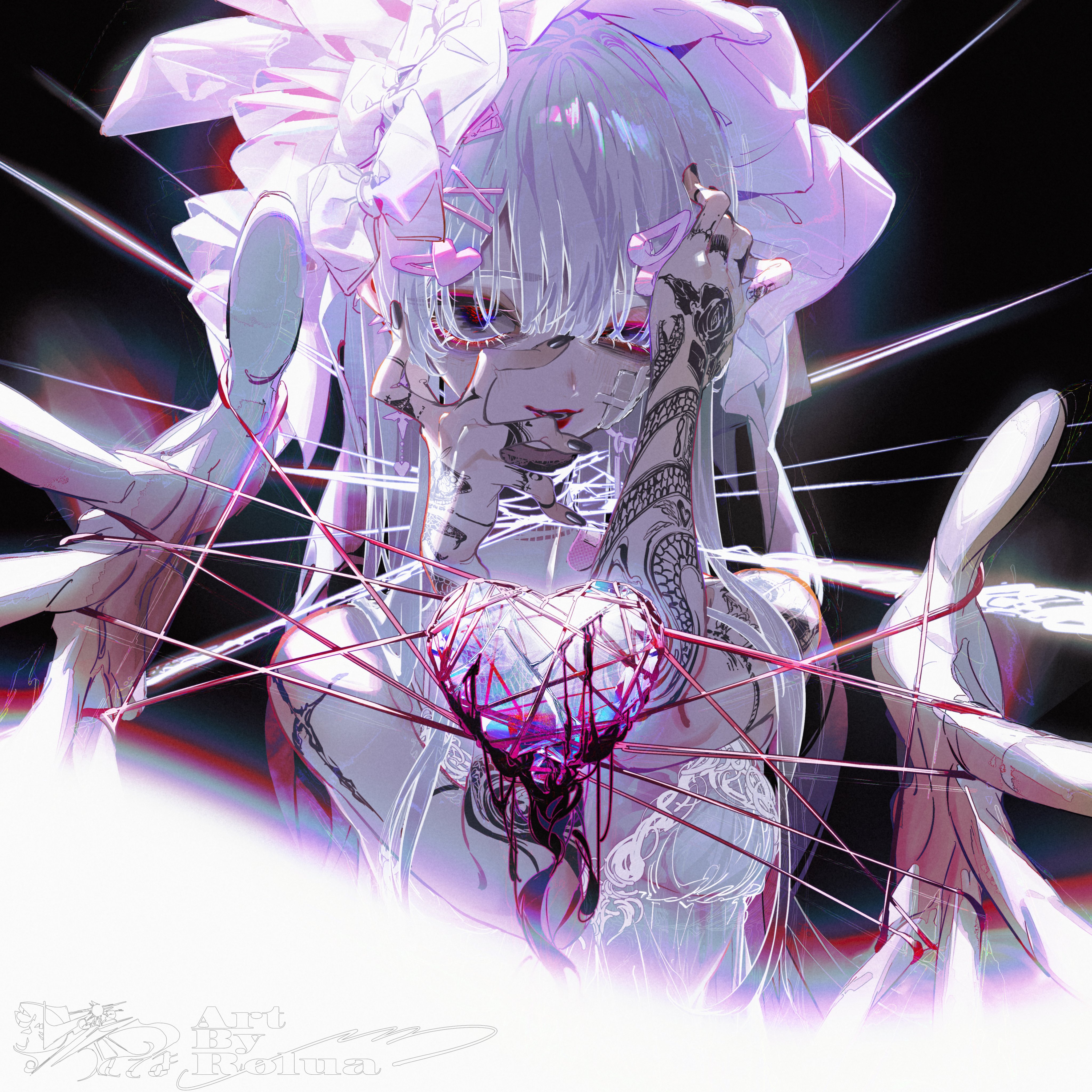the image depicts an anime girl with white hair, pink bow and red eyes. she is wearing a white outfit with a black tattoo on her arm. she is holding a heart in her hand that is dripping blood. she is surrounded by strings and a dark background. the image is elegant, fantasy, magical and mysterious.