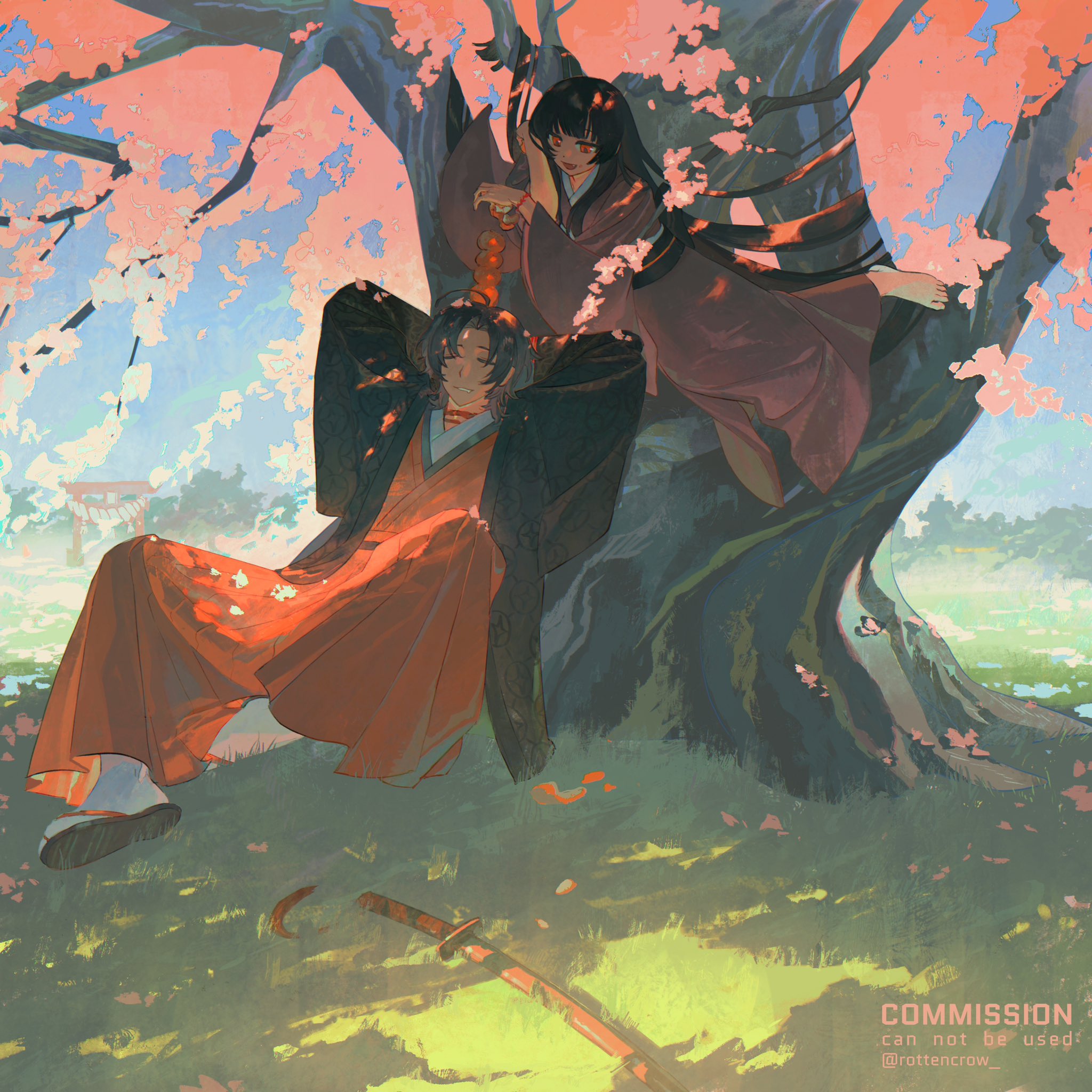 the image is a beautiful and romantic digital art illustration of an anime couple sitting under a cherry blossom tree. the girl is wearing a black kimono and holding a string of red beads. she is leaning towards the boy, who is wearing a red kimono and a black jacket. there is a katana lying on the ground near the boy's feet. the background is a soft pastel scene of green grass and a light blue sky. the art style is reminiscent of a japanese manga or anime series.