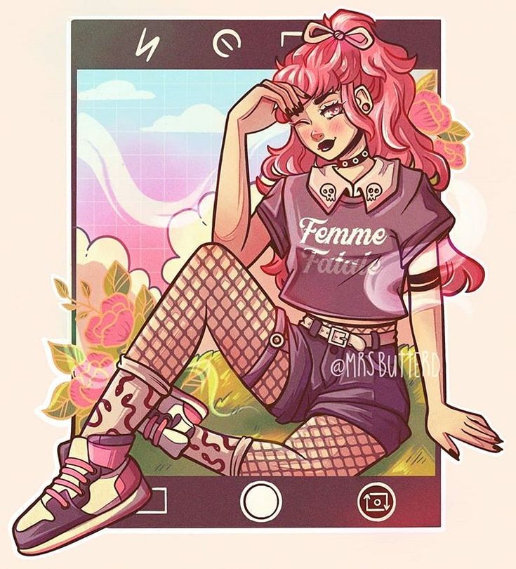this is a digital illustration of an anime girl sitting in a field of flowers. she has long pink hair, is wearing a black femme fatale shirt, short black shorts, fishnet stockings, and black sneakers. the girl is sitting with one leg crossed in front of the other. the image is framed in a camera viewfinder.
