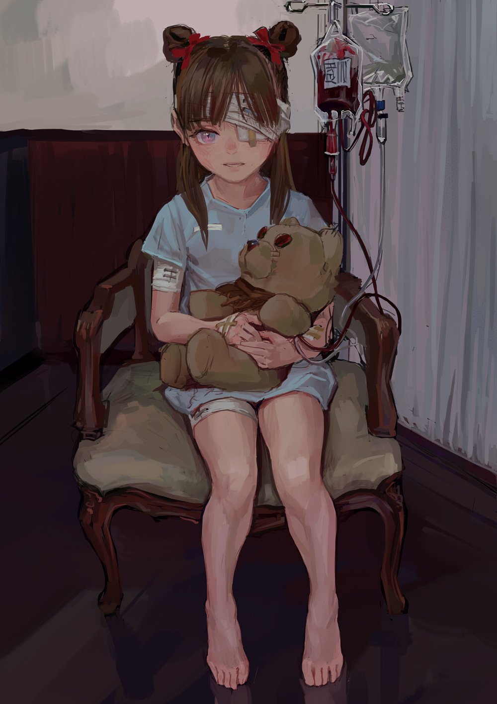 the image shows a young girl in a hospital gown sitting in a chair, holding a teddy bear. she has bandages on her head and arm, and an iv drip with a blood transfusion is connected to her. the scene has a somber and slightly eerie atmosphere.