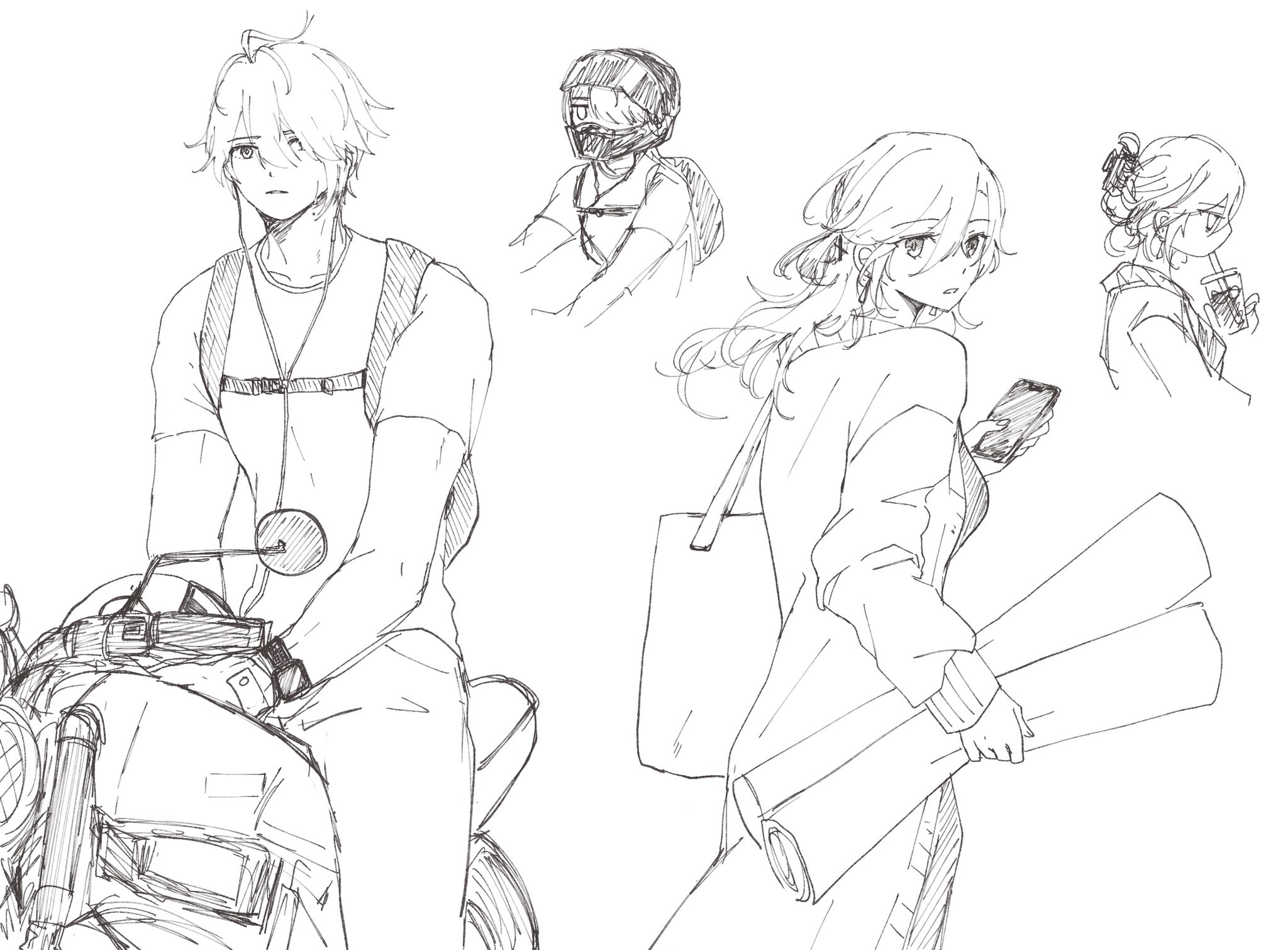 a sketch of four people, drawn in black and white, showing different fashion styles. the leftmost person, a young man with spiky hair, is riding a motorcycle and has a backpack on his back. there is another young man to the left side of the image, wearing a motorcycle helmet and riding a motorcycle, but he only appears from the waist up and his face is mostly obscured by the helmet. the right two people appear to be women. the woman on the right, who only appears from the waist up, is holding a cup and looks down at it. the leftmost woman has long hair, and she carries a bag and a long roll in her hands and she looks at the phone in her other hand. all the drawings are in a sketchy, dynamic style.