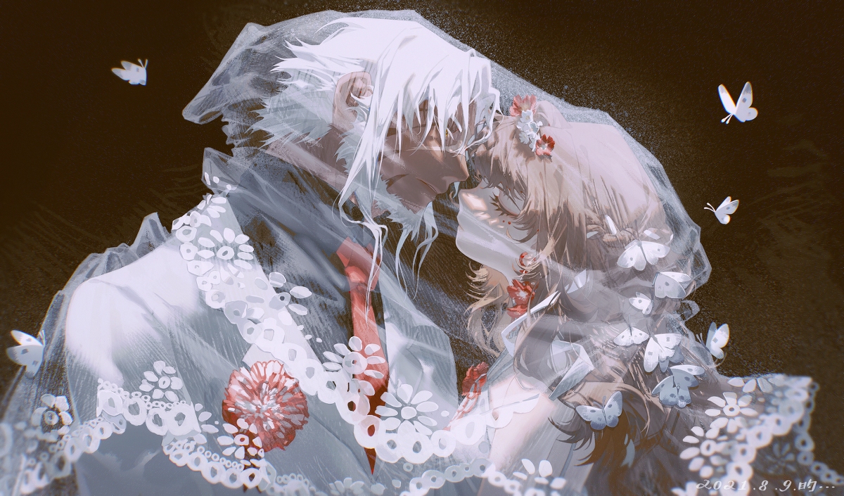 this artwork is a beautiful and romantic depiction of an anime couple. the bride and groom are shown with white veils and surrounded by white butterflies and delicate white lace flowers. the bride has red flowers in her hair, and the groom has a red tie peeking out from his white jacket. the scene is bathed in soft, warm light, giving it an ethereal and magical feel. the art style is highly detailed and intricate, with a focus on capturing the emotions and beauty of the couple's love.