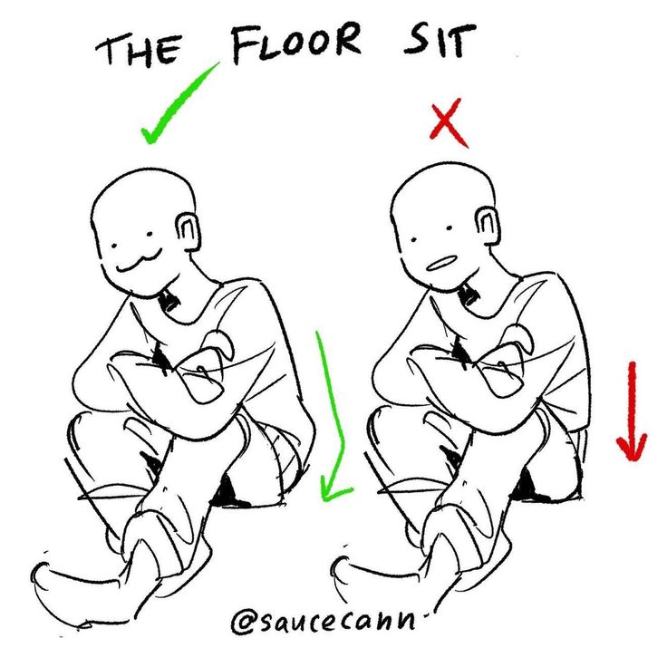 an illustration tutorial about how to draw a floor sit pose. the image shows two figures, one showing the correct pose with a green check mark and the other one showing the incorrect pose with a red x. the correct pose has the legs tucked in, while the incorrect pose has the legs stretched out.