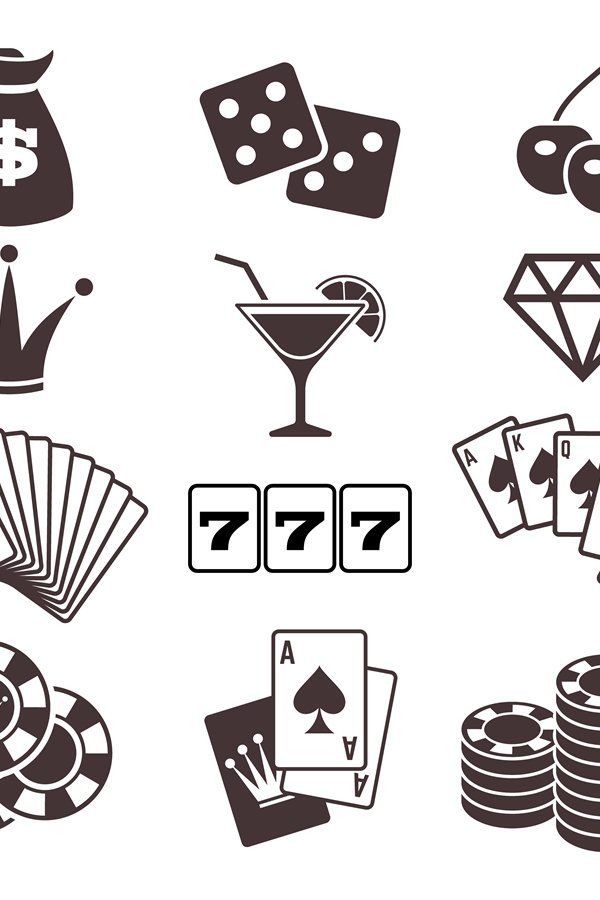 the image contains various icons related to casino and gambling. it includes symbols like a money bag with a dollar sign, dice, cherries, a crown, a diamond, playing cards with an ace, casino chips, a cocktail, and slot machine symbols featuring the number 7.