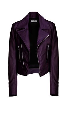 a purple women's leather jacket with zippers and a collar.  the jacket is isolated on a white background.