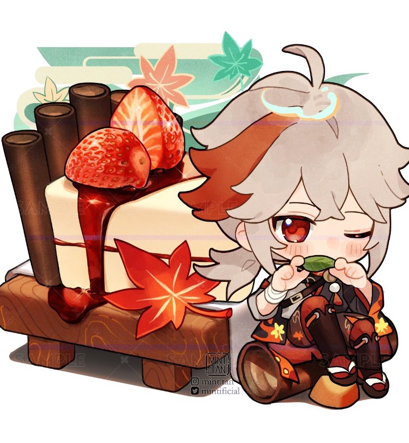 the image is a digital art illustration of a chibi anime girl with white hair and red eyes. she is wearing a red and white outfit and is sitting on a cake decorated with strawberries, maple leaf, and chocolate. she is holding a green leaf in her right hand and is winking with her right eye. the background is a blur of colors and shapes. the girl is very cute and the drawing is very well done.