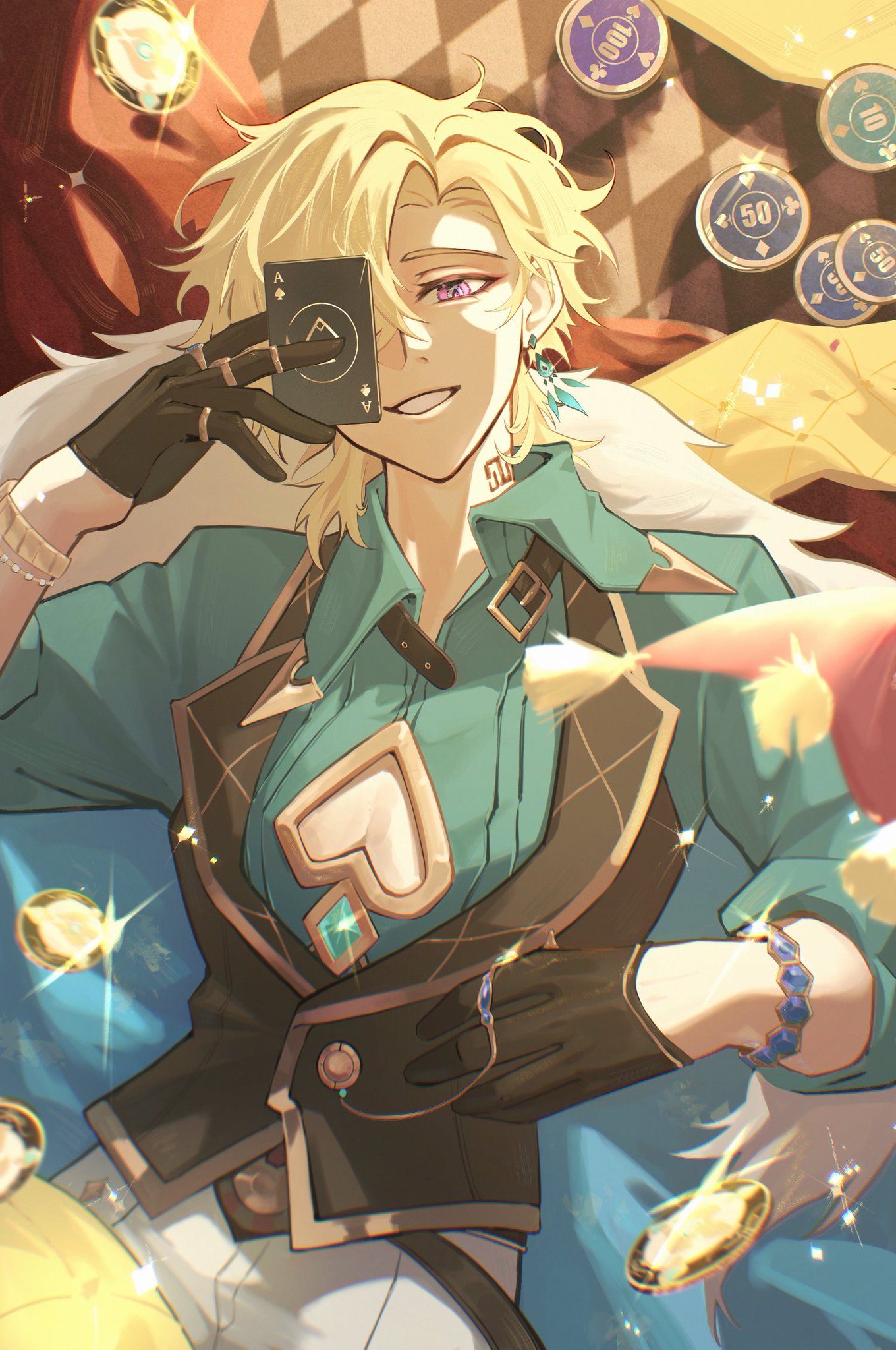 the image is of an anime male character with blonde hair and blue eyes. he is sitting down and smiling while holding an ace of spades card. the background is of a casino setting with chips and money scattered around. he is wearing a green shirt, brown jacket, blue pants, white gloves, white fur collar, a necklace, and bracelets. the image is vibrant and colorful with a lot of detail.