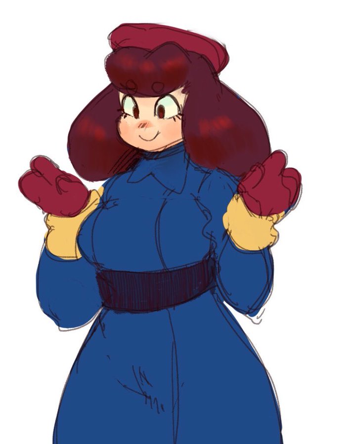 a cartoon drawing of a woman with red hair and a blue dress, wearing a hat and mittens, smiling and looking friendly. the drawing is done in a simple style, with a lot of white space around the character.