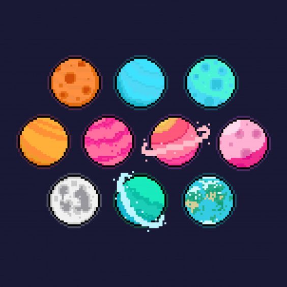 the image shows a collection of nine pixel art planets set against a dark blue background. each planet has a unique design and color scheme, evoking a retro, 8bit aesthetic.