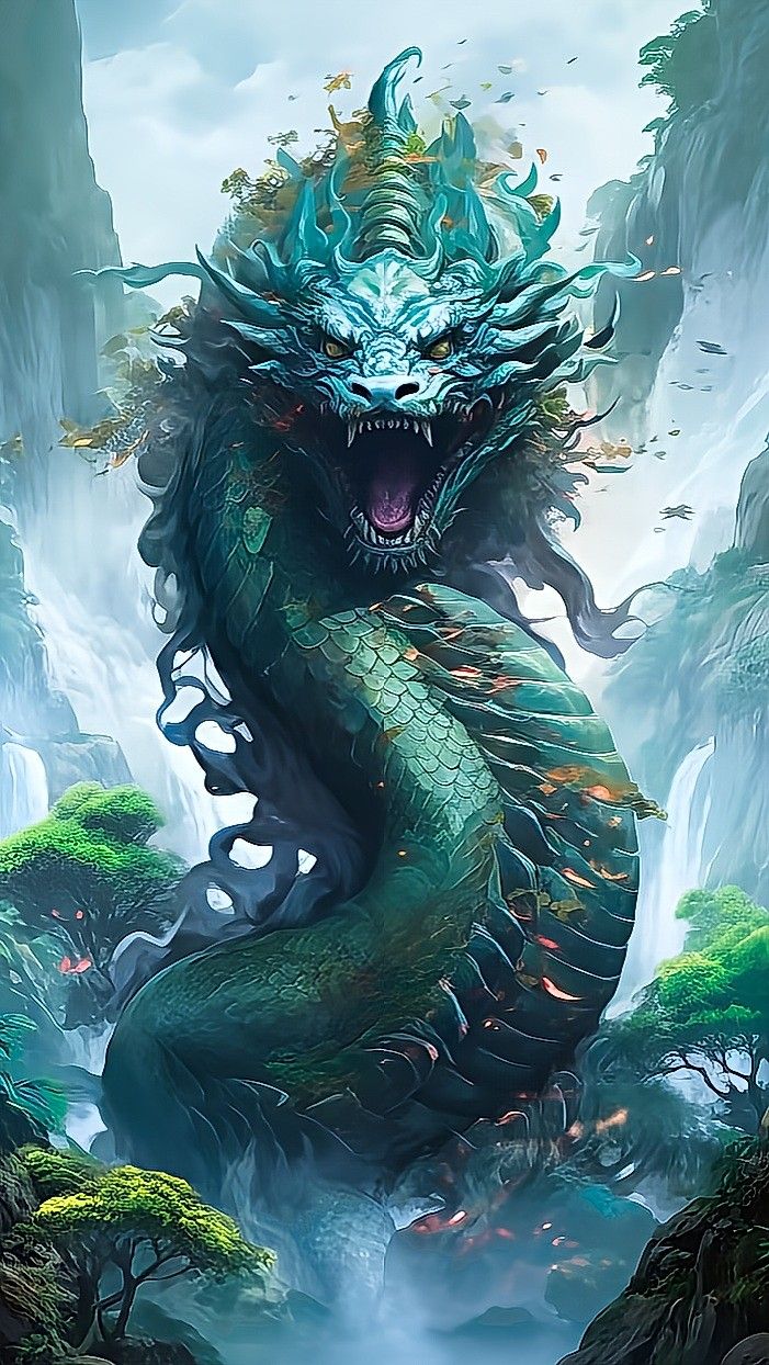 the image depicts a vibrant and fearsome asianstyle dragon coiled amidst a scenic landscape. the dragon, rendered in shades of green and blue, dominates the composition with its open mouth, revealing sharp teeth and a menacing expression. scales cover its body, and its head is adorned with intricate details. the dragon is set against a backdrop of cascading waterfalls, towering mountains, and lush trees, creating a fantastical and immersive environment. the sky is partially obscured by clouds, contributing to the mystical atmosphere of the scene.