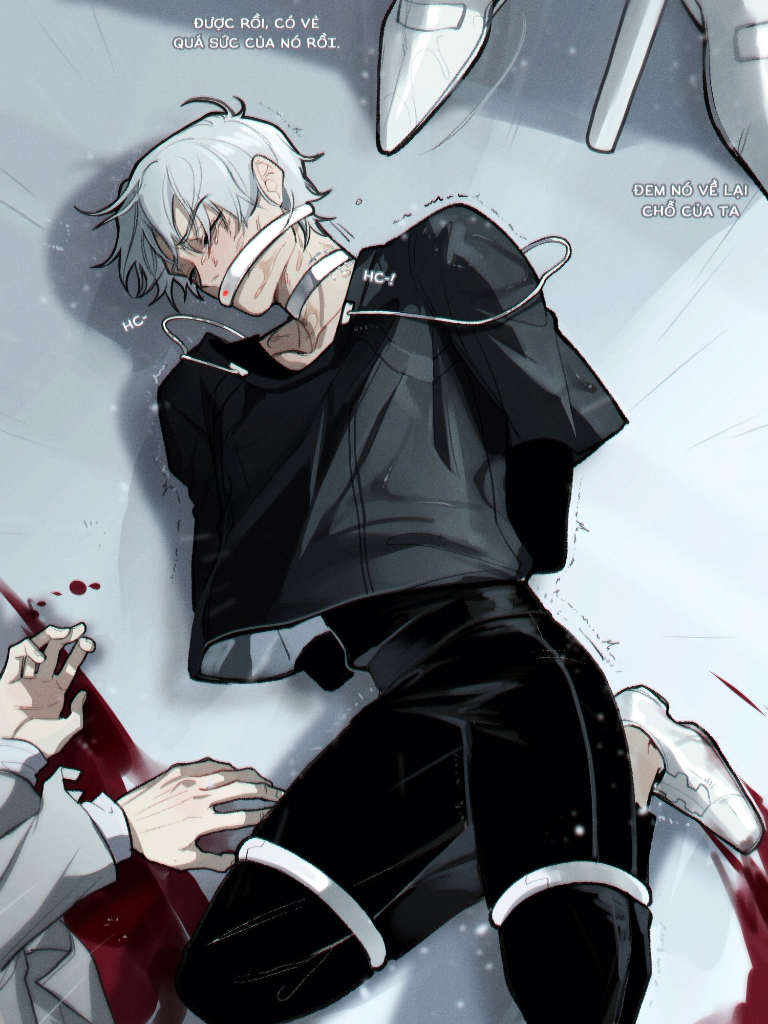 this image is from a webtoon/manga series.  it depicts a young male character with white hair, wearing black clothes, bound with handcuffs,  being dragged by another unseen character. there is blood on the ground and a dark shadow, implying violence,  force and danger.  the image uses a dark and gritty aesthetic.